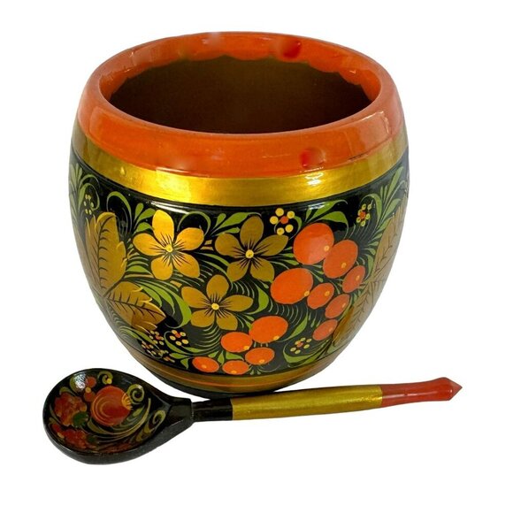 Russian Lacquerware Bowl & Spoon Khokhloma Folk Art Wild Beries Hand-Painted - Picture 1 of 7